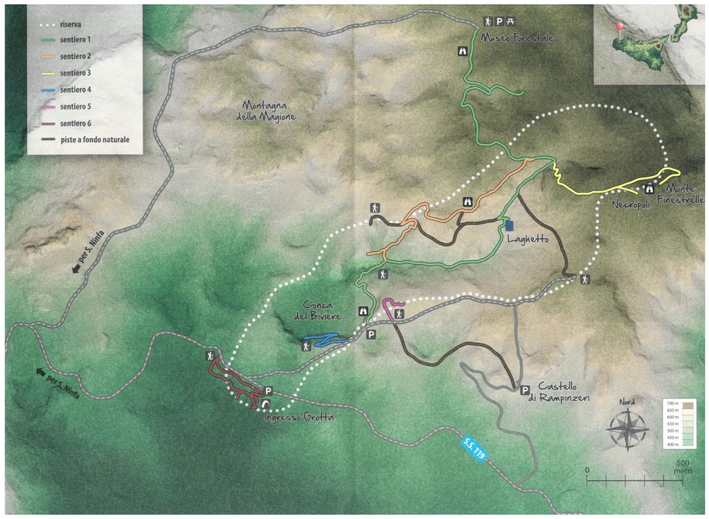 la mappa dei Sentieri della Riserva Naturale «Grotta di Santa Ninfa»